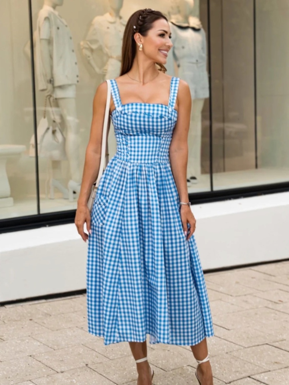 Blue Gingham Midi Dress Square Neck Fit & Flare Summer Dress